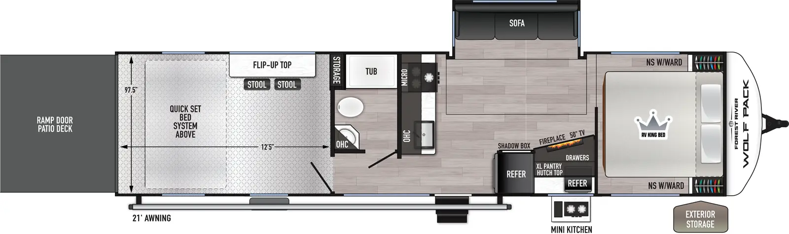 The Wolf Pack 27-12.5 floorplan is a toy hauler that has two entries and one slide out. Exterior features include: fiberglass exterior and 21' awning. Interiors features include: front bedroom.
